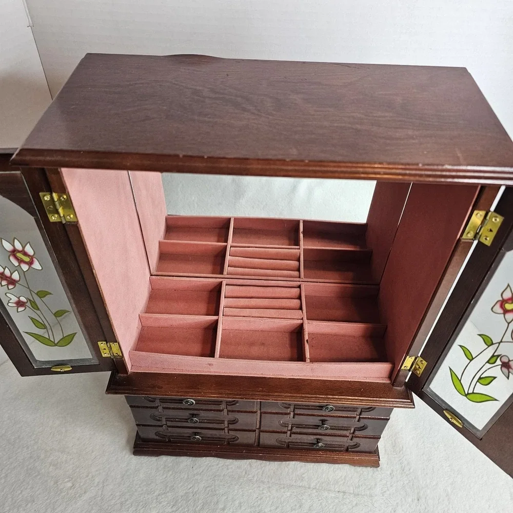 Vintage Wood 2 Door Jewelry Box Armoire Style Cabinet w Mirror Organizer Drawers